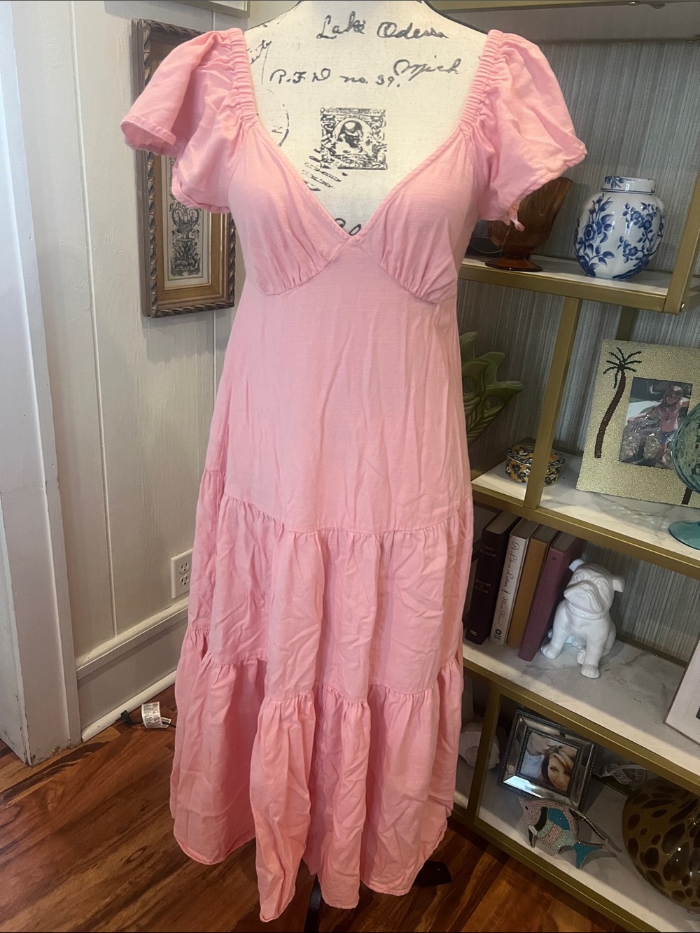 Billabong Pink Tiered Puff-Sleeve Maxi Dress with V-Neck